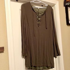 Olive long sleeve dress with tie up front