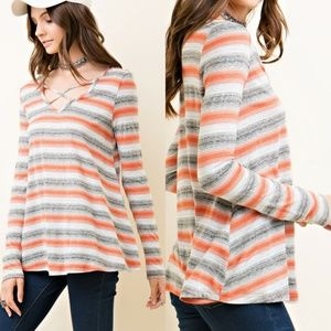 Grey Orange Striped Long Sleeve Stretch Entro Top