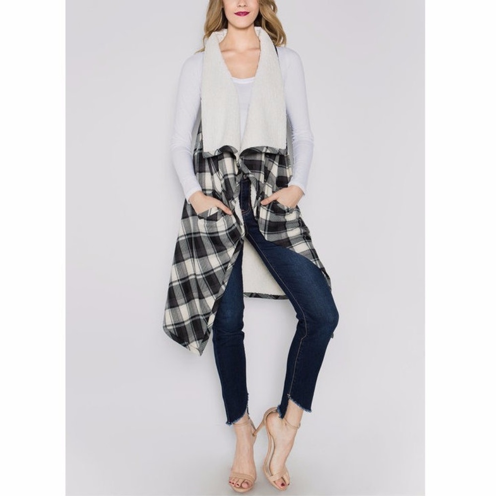 Black White Buffalo Plaid Faux Fur Sherpa Lined Long Vest Jacket Coat Outerwear - Picture 2 of 5