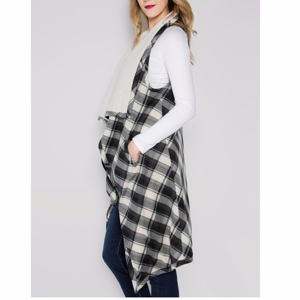 Black White Buffalo Plaid Faux Fur Sherpa Lined Long Vest Jacket Coat Outerwear - Picture 3 of 5
