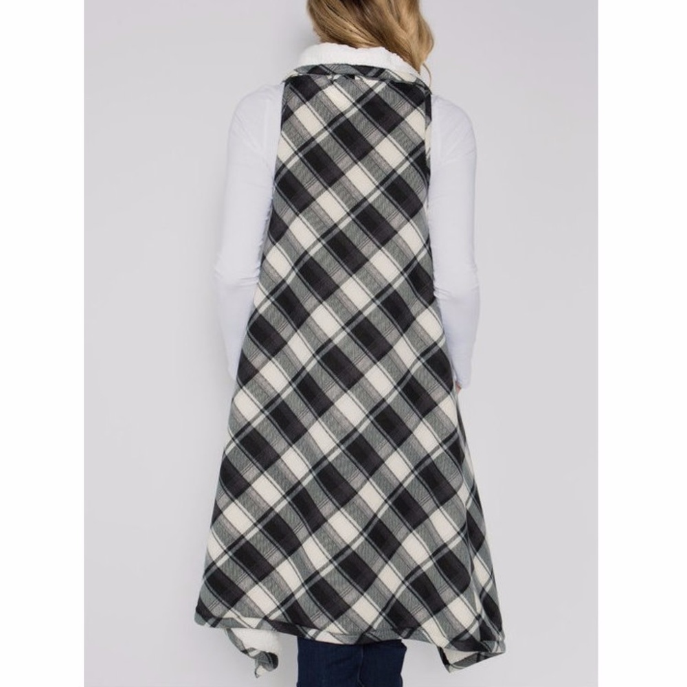 Black White Buffalo Plaid Faux Fur Sherpa Lined Long Vest Jacket Coat Outerwear - Picture 4 of 5