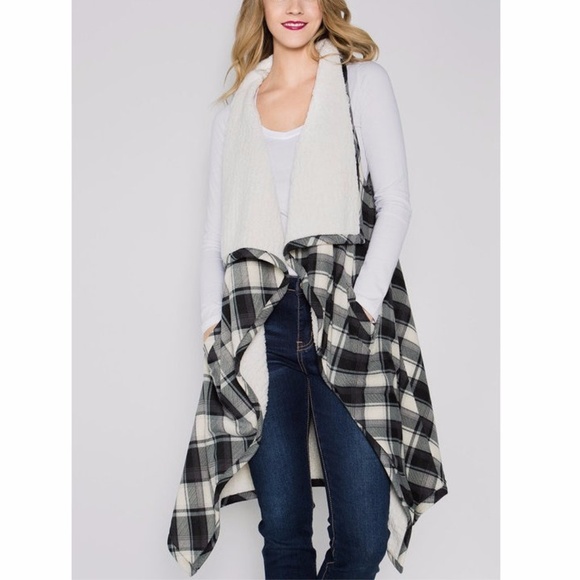 Jackets & Blazers - Black White Buffalo Plaid Faux Fur Sherpa Lined Long Vest Jacket Coat Outerwear