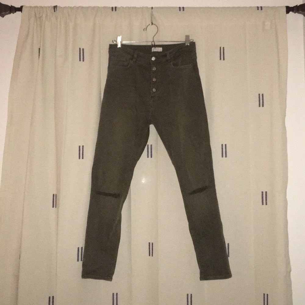 Army green cropped distressed jeans w button fly
