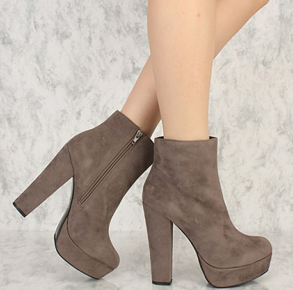 Grey Round Toe Chunky Heel Platform Booties