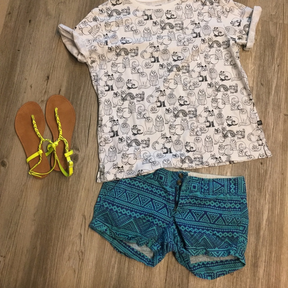 Turquoise Linen Cotton Blend Geometric Shorts