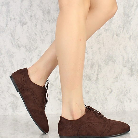 Brown Suede Lace Up Oxford Flats - Picture 2 of 2