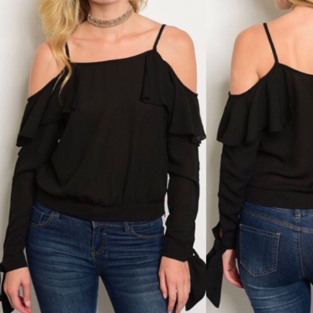 🆕 Black Cold-Shoulder Chiffon Top