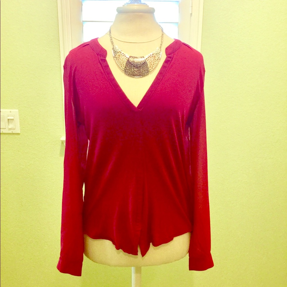 Red High Low Top with Sheer Sleeves and Back.