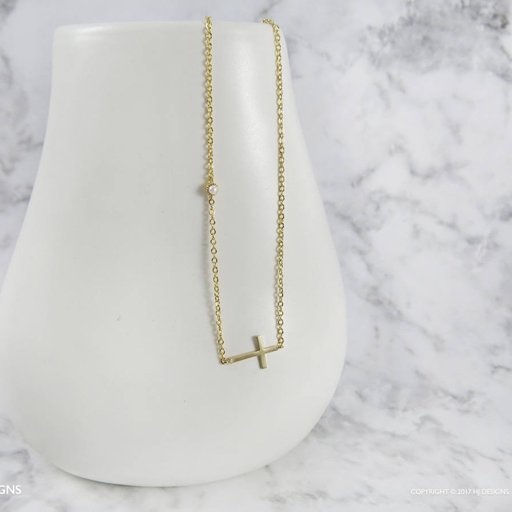 Gold OR Silver Side Cross Faux Pearl Necklace