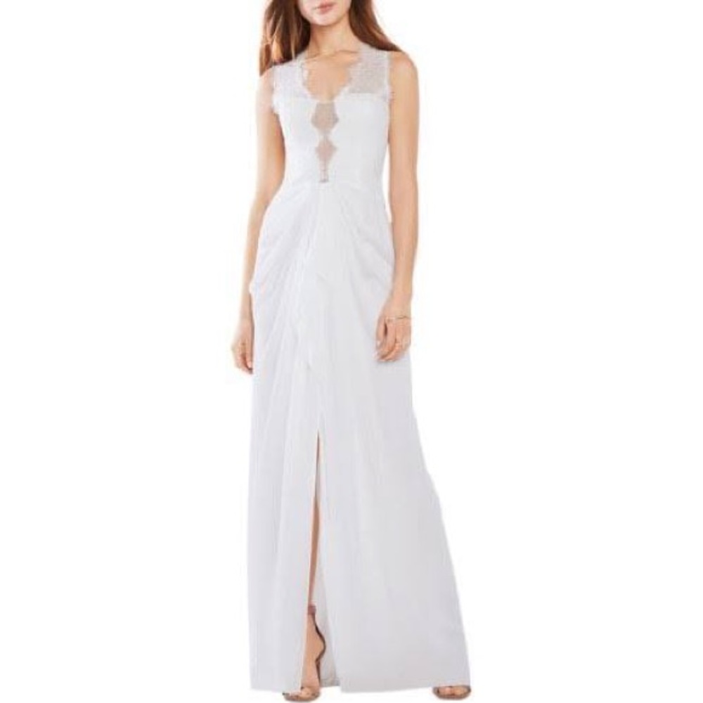 BCBG White gown w slit and ruffles