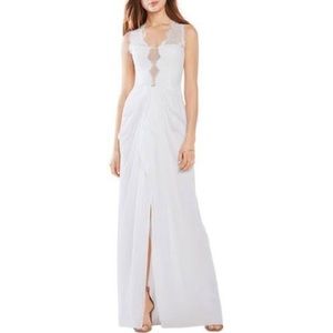 BCBG White gown w slit and ruffles