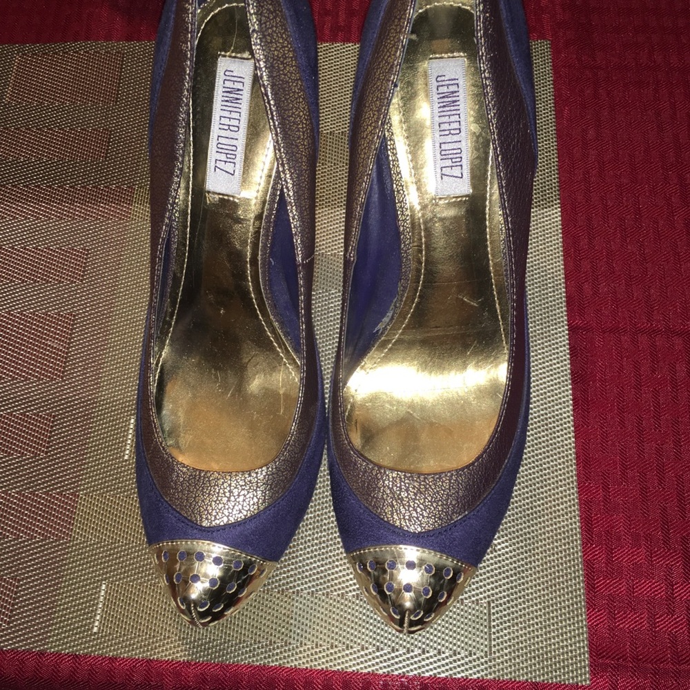 Jennifer Lopez Navy and Gold Suede Heels