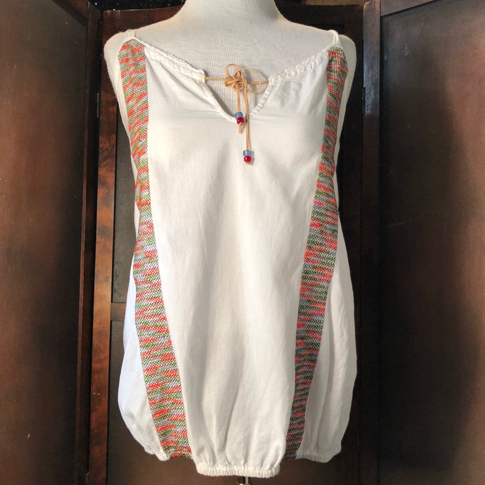 Embroidered White Top Peasant Blouse Size Medium