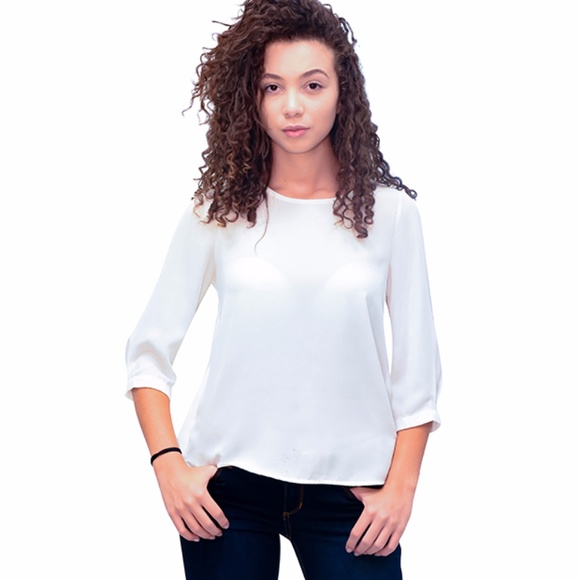 THREE-QUARTER SLEEVES ROUND-NECK SPLIT V-NECK TOP - Picture 4 of 4