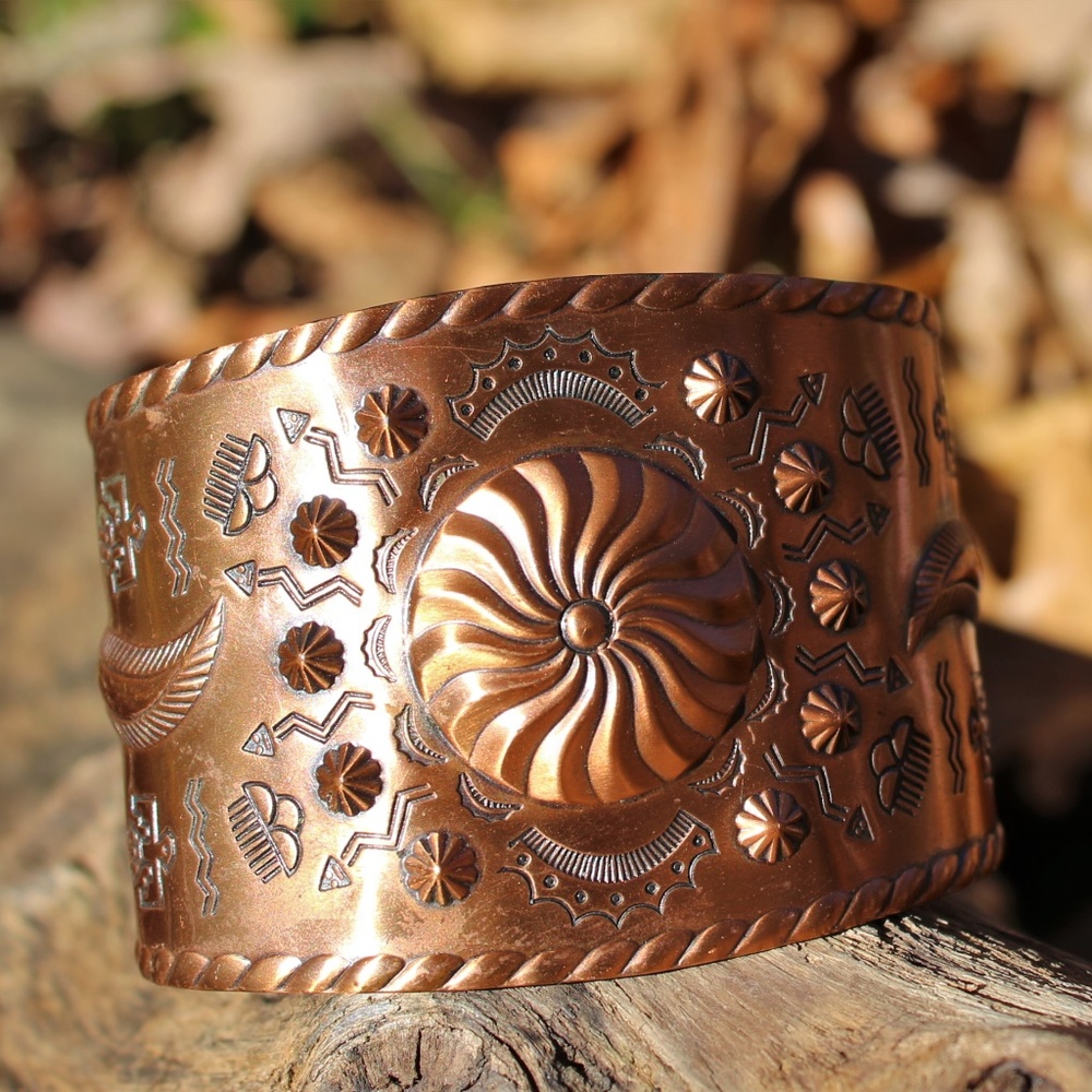 Vintage copper cuff with etched Southwest/Native
