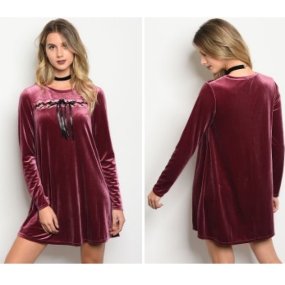 Sexy mauve stretch velvet ribbon laced tunic - Picture 3 of 3