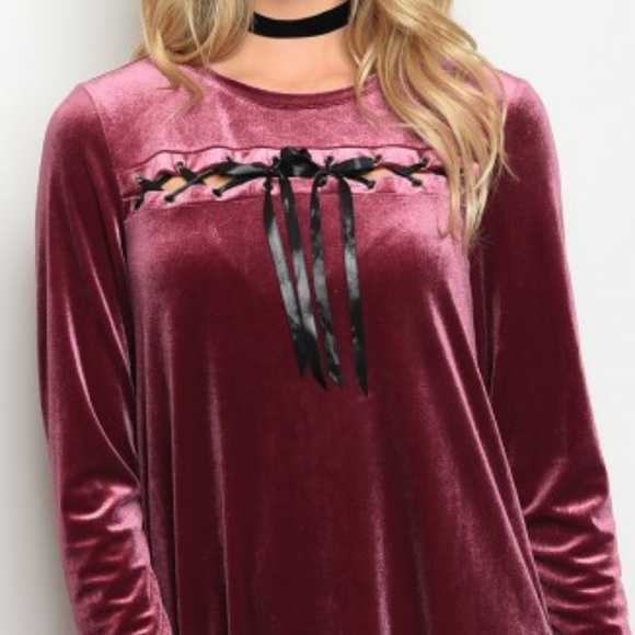Sexy mauve stretch velvet ribbon laced tunic - Picture 2 of 3
