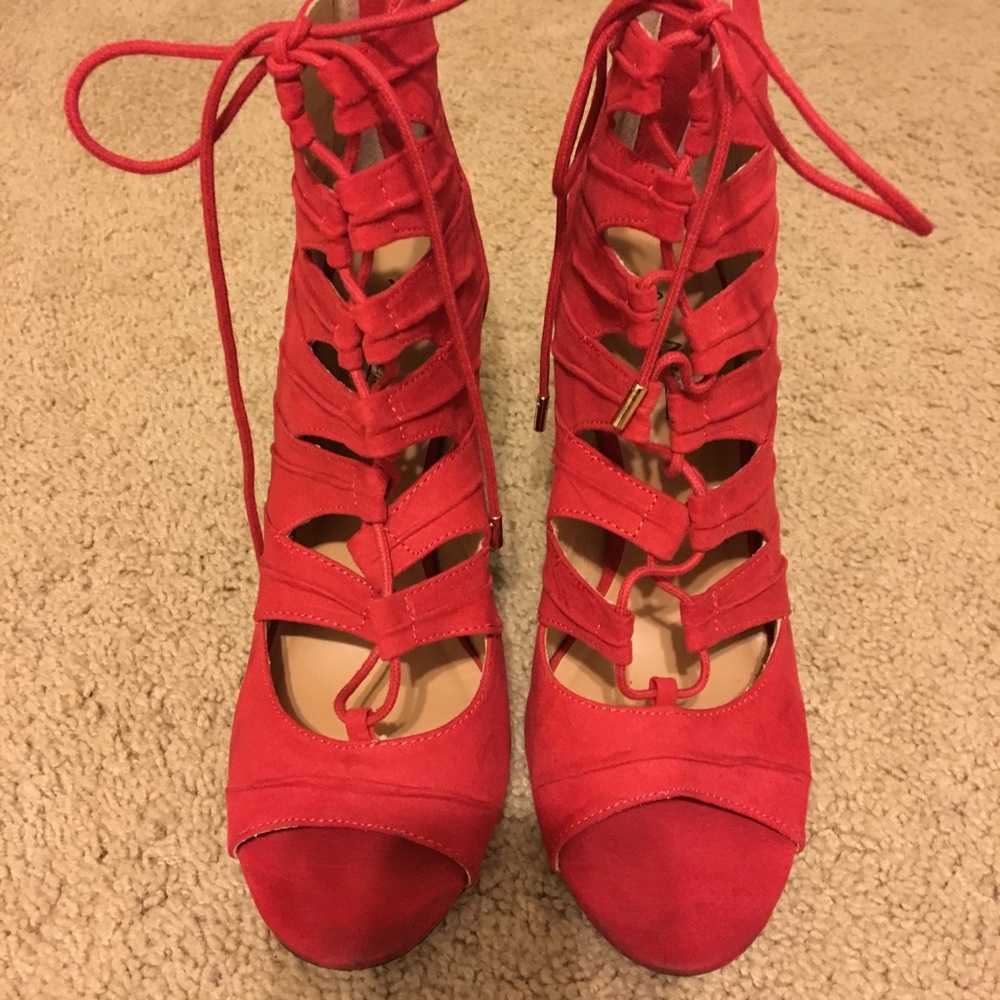 Red, Lace-up Heels
