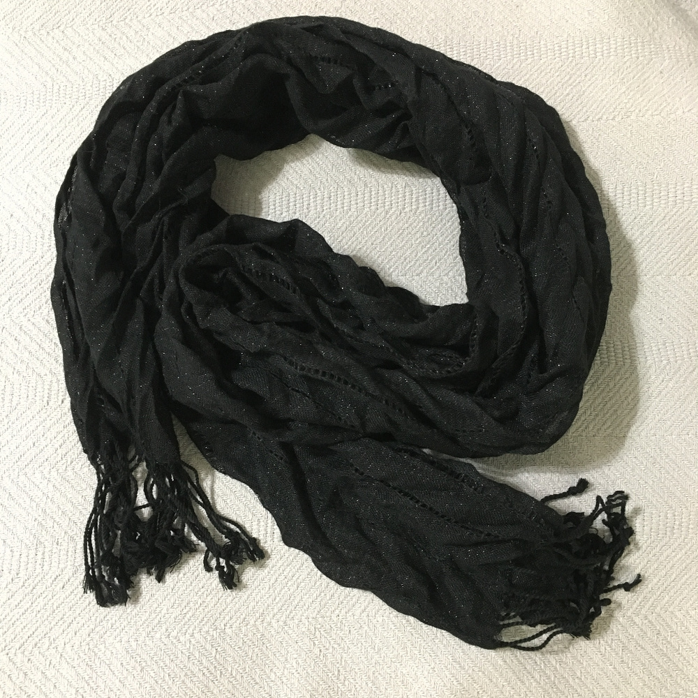 Glittery Black Oblong Scarf with Tassels