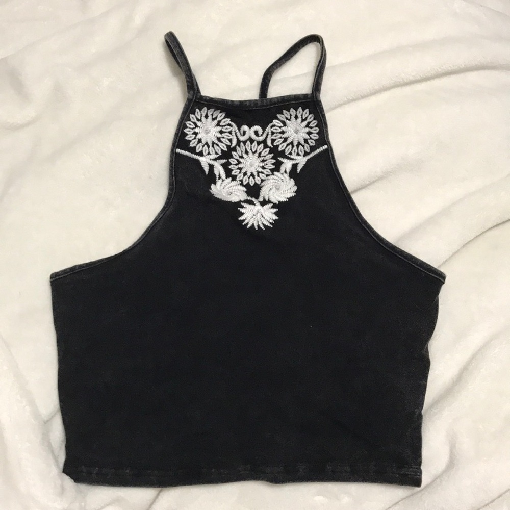 High neck crop top with embroidery