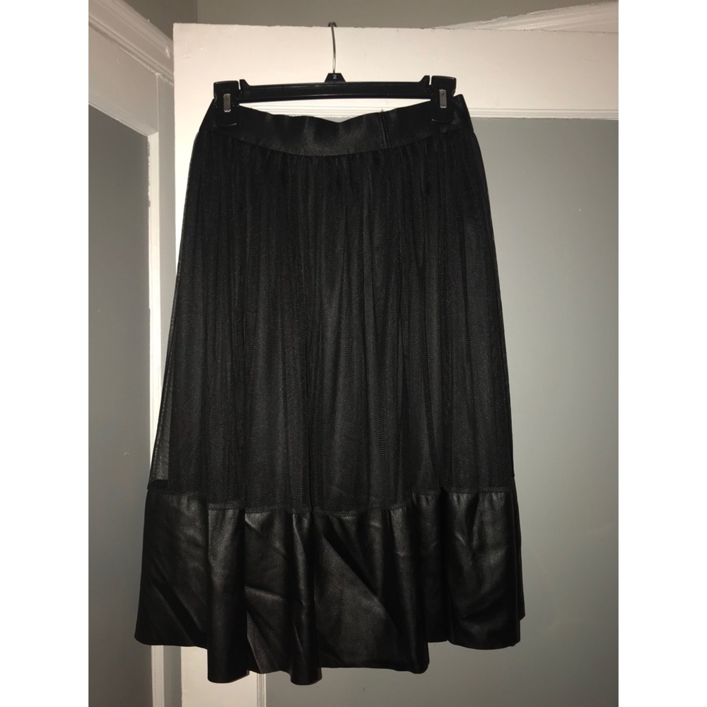Black mesh a-line skirt with leather trim