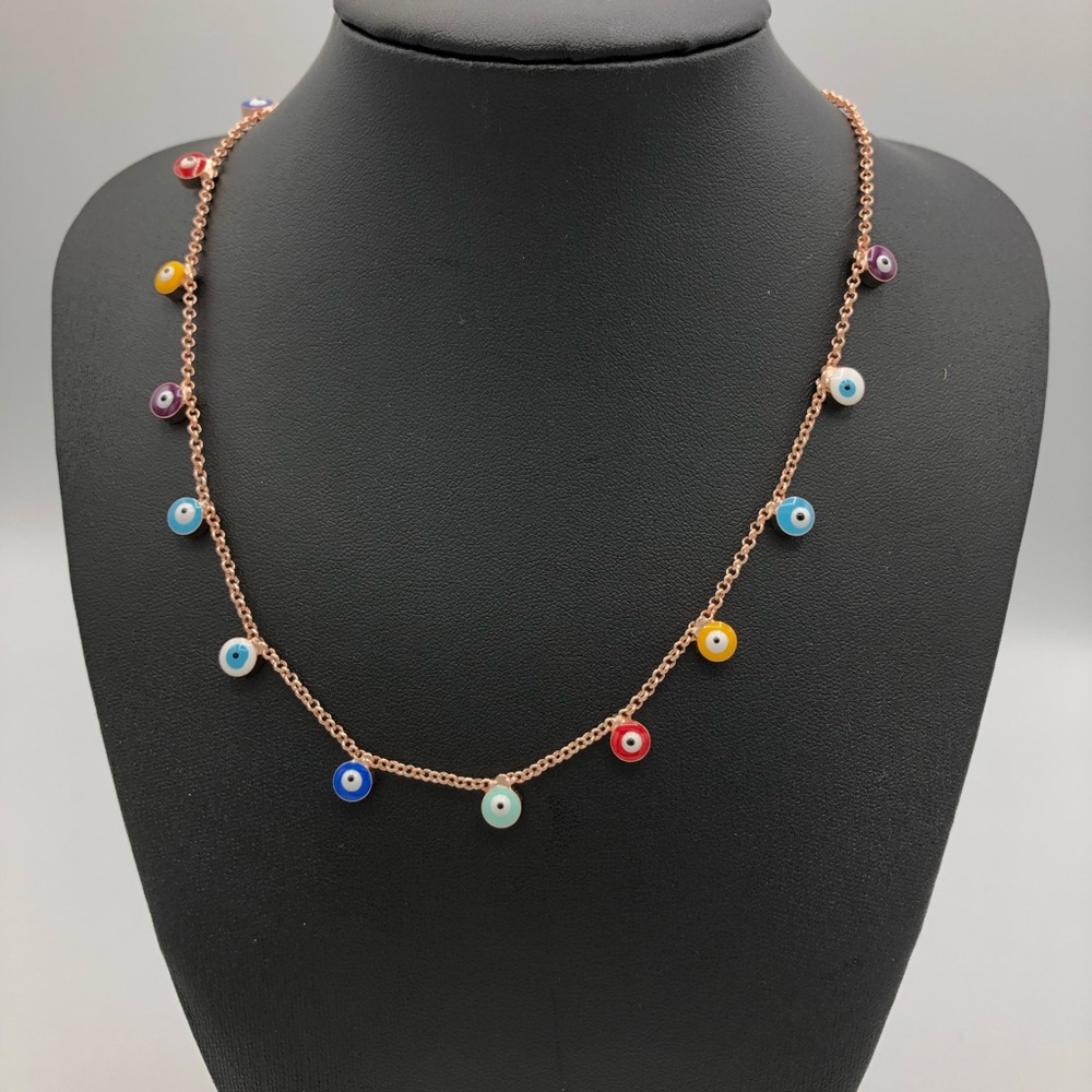 Colorful Evil Eye Beaded Rose Gold  Necklace NEW
