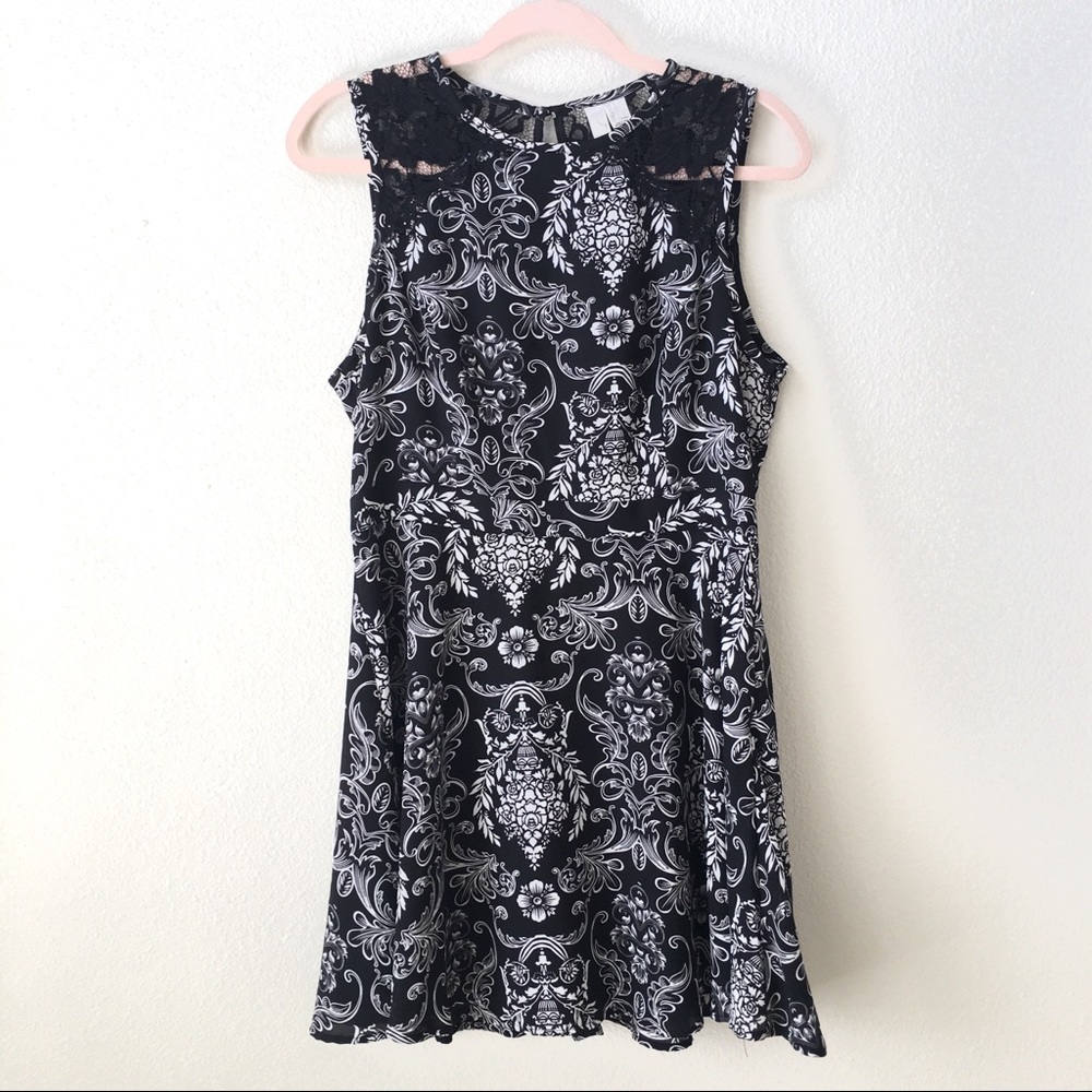 Black Patterned Mini Dress with Lace Detail