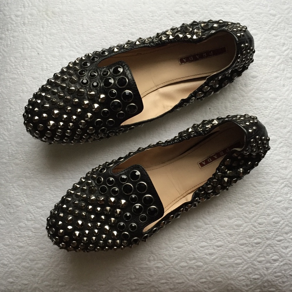 PRADA Black Leather Silver Stud flats