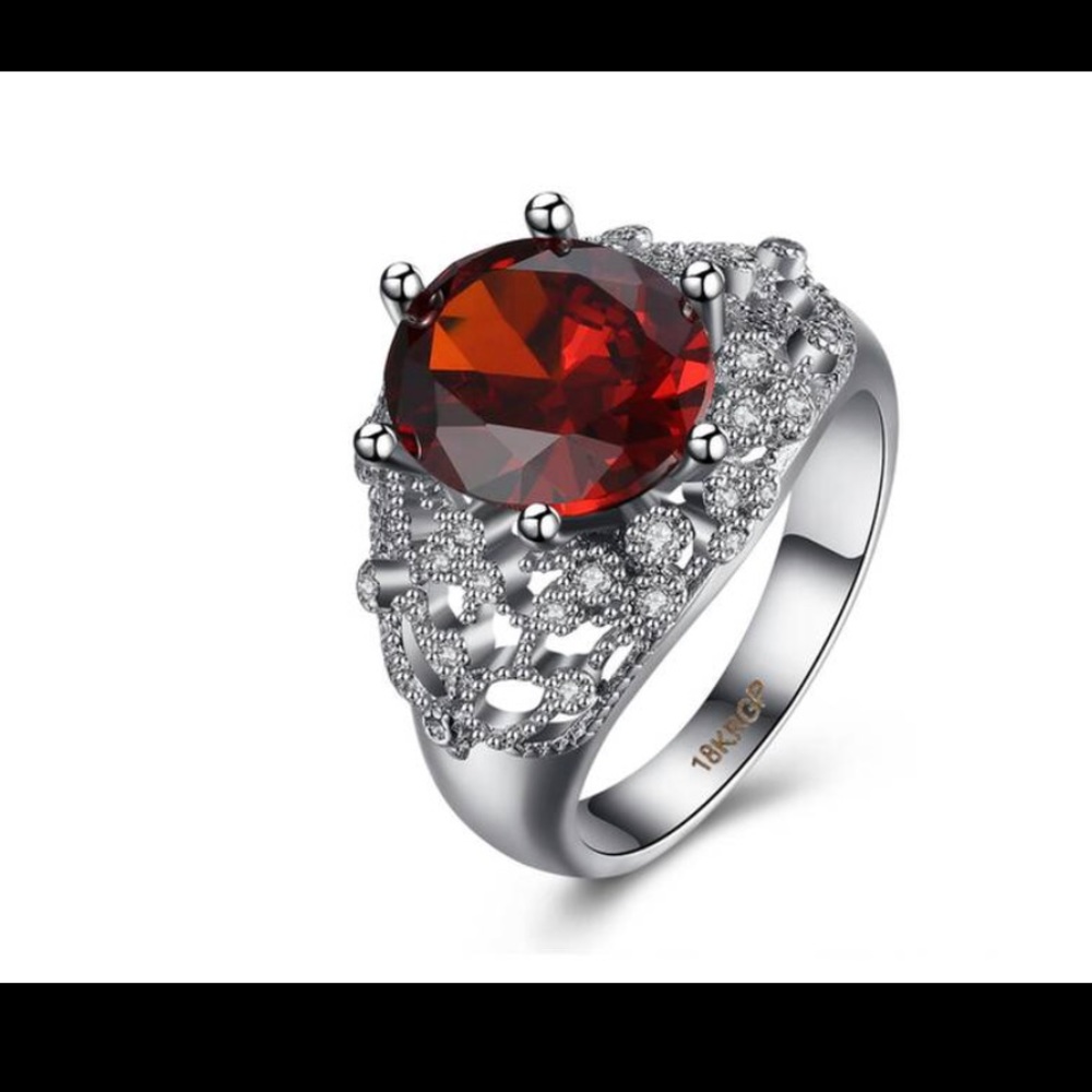 Cubic Zirconia 18K White Gold Plated Ruby Ring