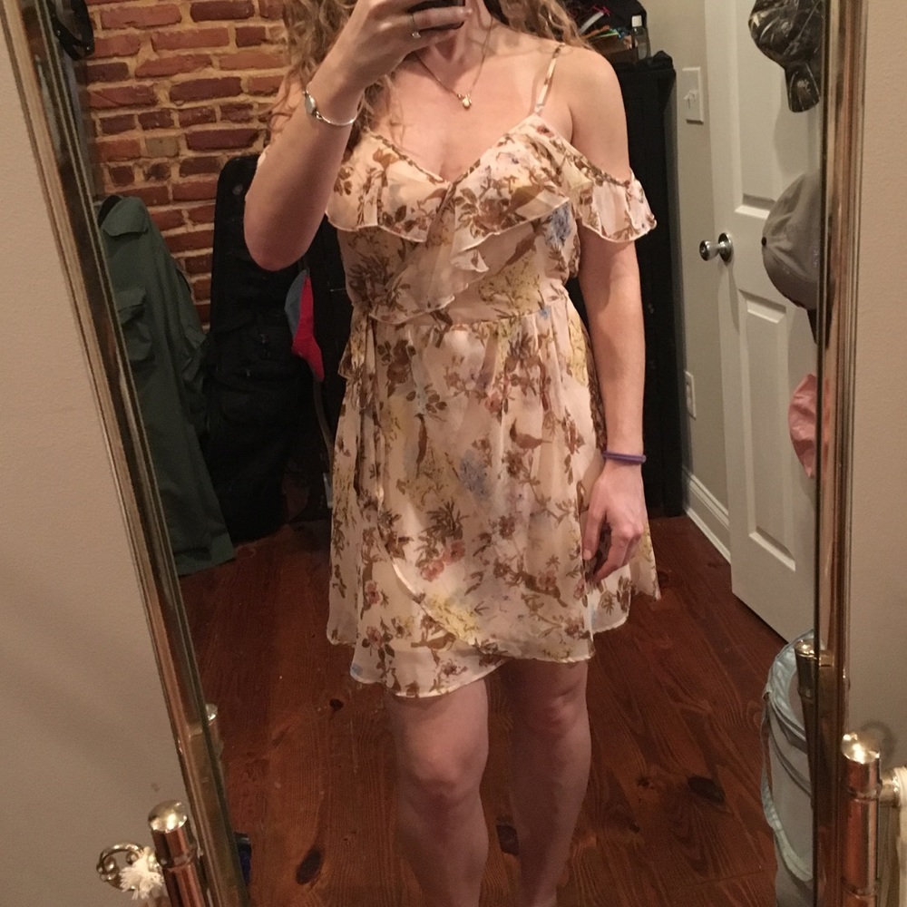 Bardot sleeve floral wrap dress