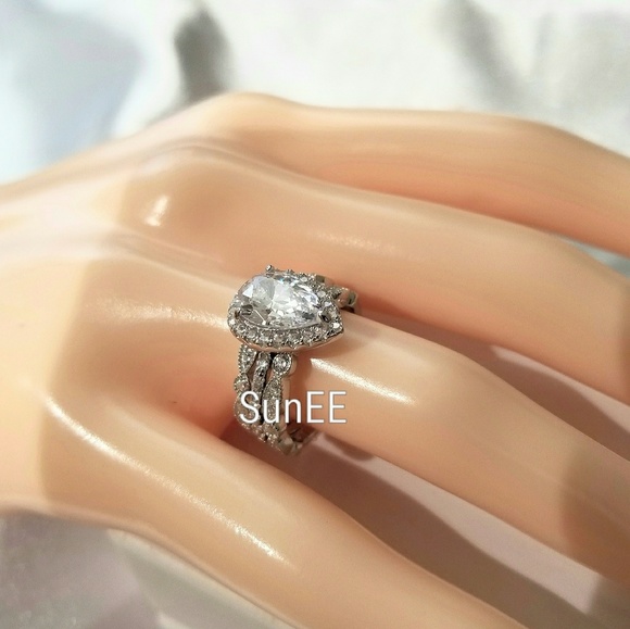 NEW 925 STERLING SILVER HALO DIAMOND PEAR WEDDING RINGS ENGAGEMENT RINGS - Picture 3 of 4