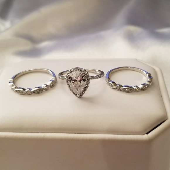 NEW 925 STERLING SILVER HALO DIAMOND PEAR WEDDING RINGS ENGAGEMENT RINGS - Picture 4 of 4