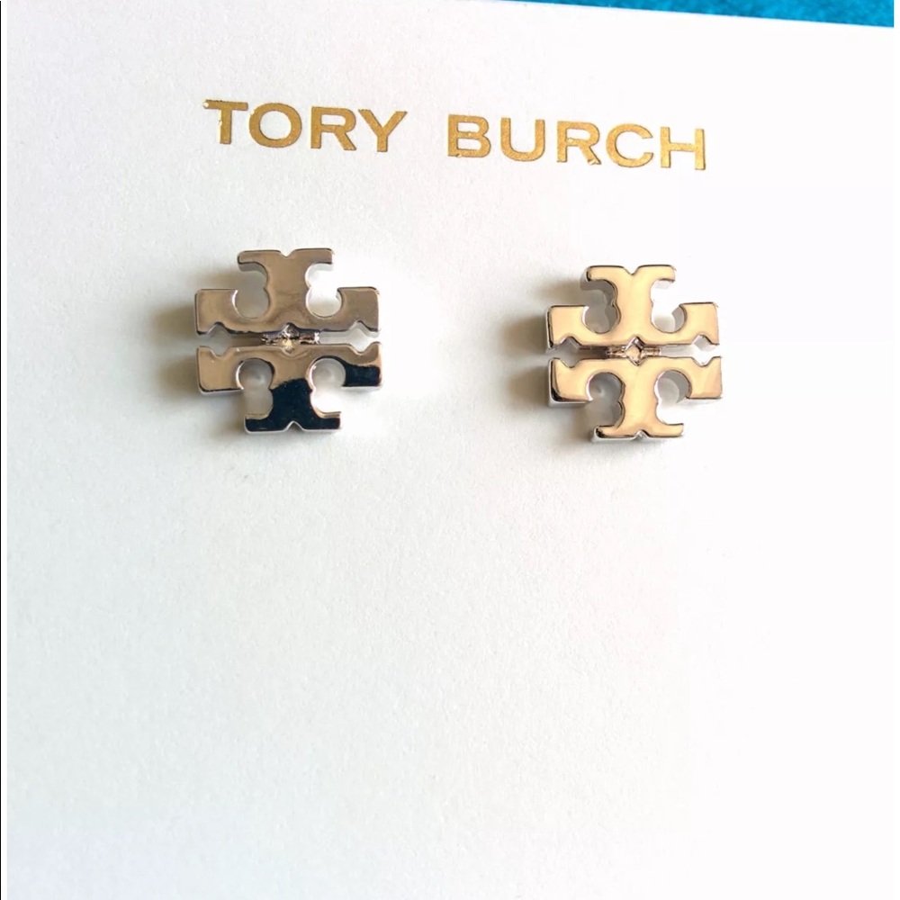 NWOT Tory Burch Silver Logo Earring Studs - Picture 2 of 4
