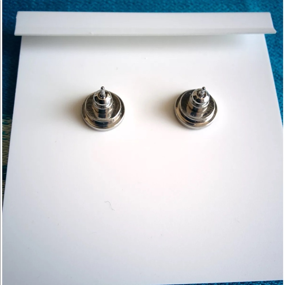 NWOT Tory Burch Silver Logo Earring Studs - Picture 3 of 4