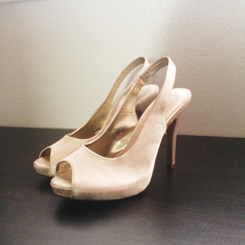 Slingback Gold Satin Peep Toe Pumps