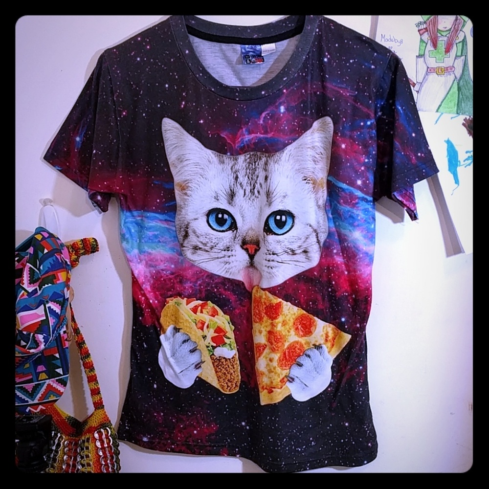Large Rare kitty in space taco pizza dope tee