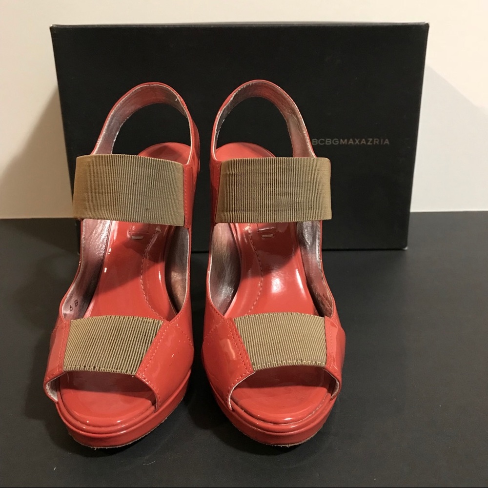 BCBG Patent Leather Open Toed Slingback Heels