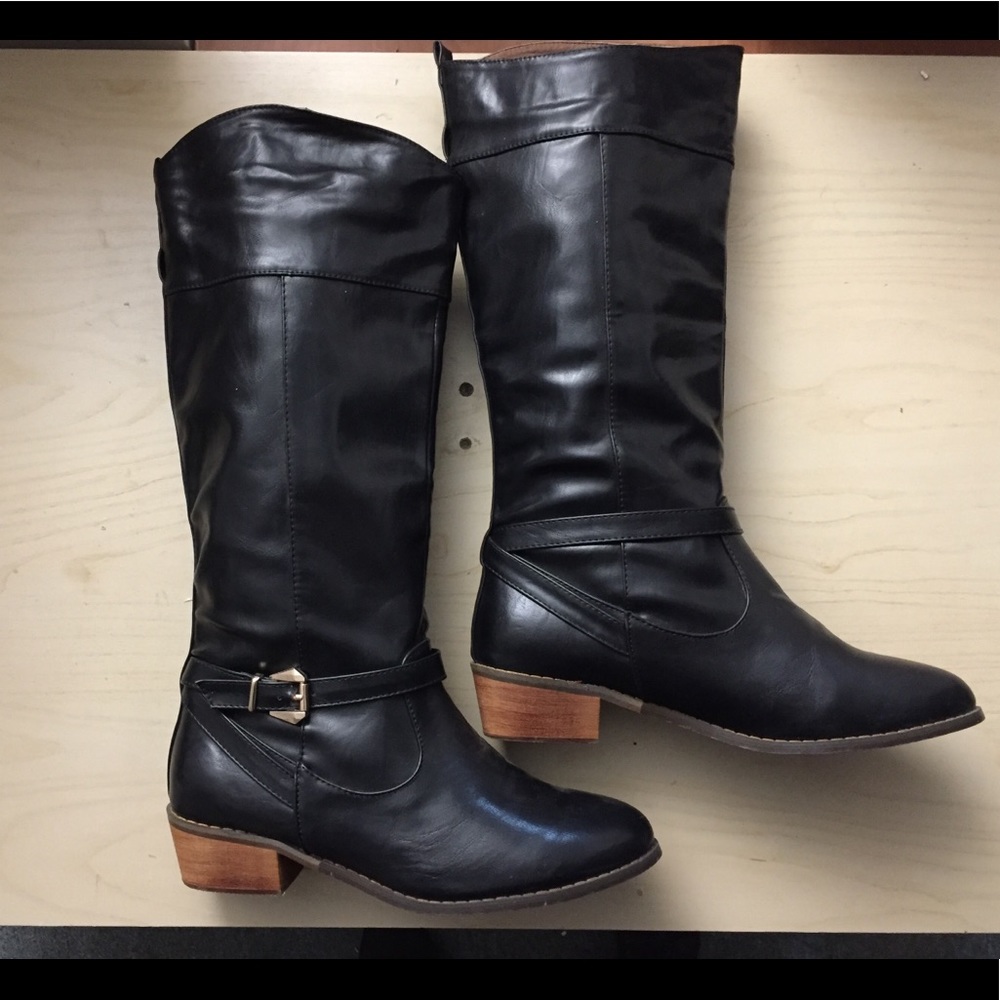 Black Tall Mid Calf Belt Buckle Boot