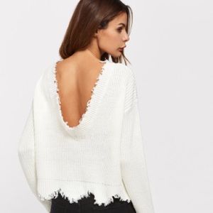 Cropped White Ribbed Frayed Sweater