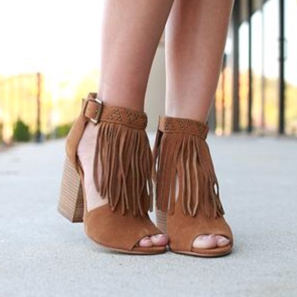 Tan Open Toe Bohemian Chic Studded Fringe Bootie - Picture 2 of 5