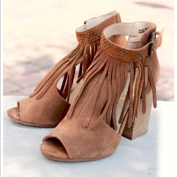 Tan Open Toe Bohemian Chic Studded Fringe Bootie - Picture 4 of 5