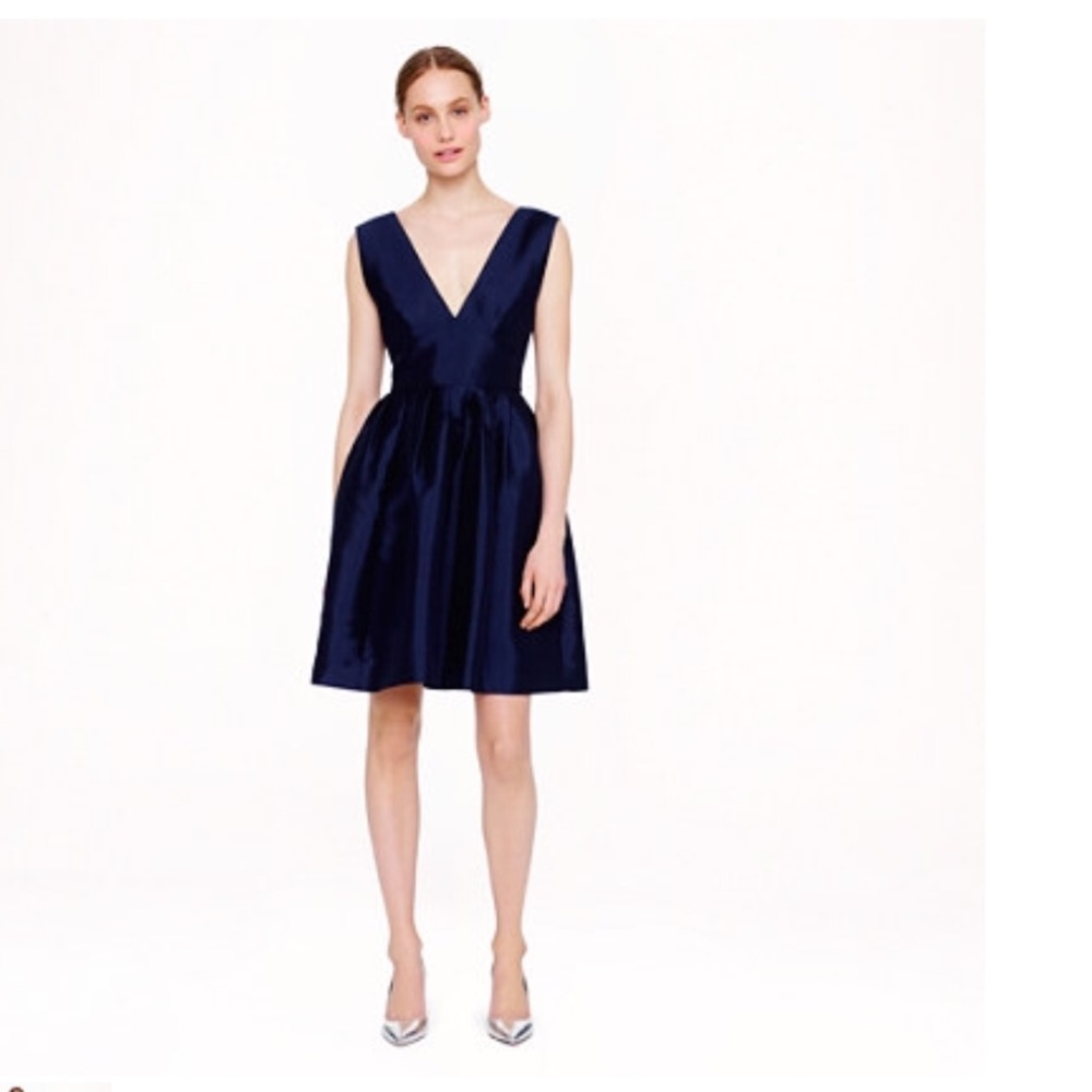 J Crew V Neck Pleated Silk Twill Navy Blue Dress