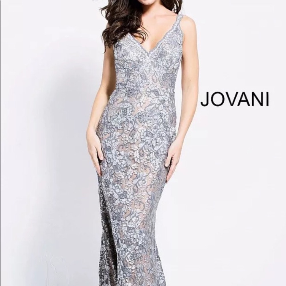 Jovani Stretch Lace Silver Gown Size 2