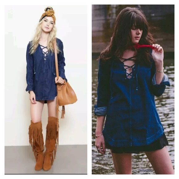 Free People Tops - ⬇️Free People Oversized lace up denim tunic top-M