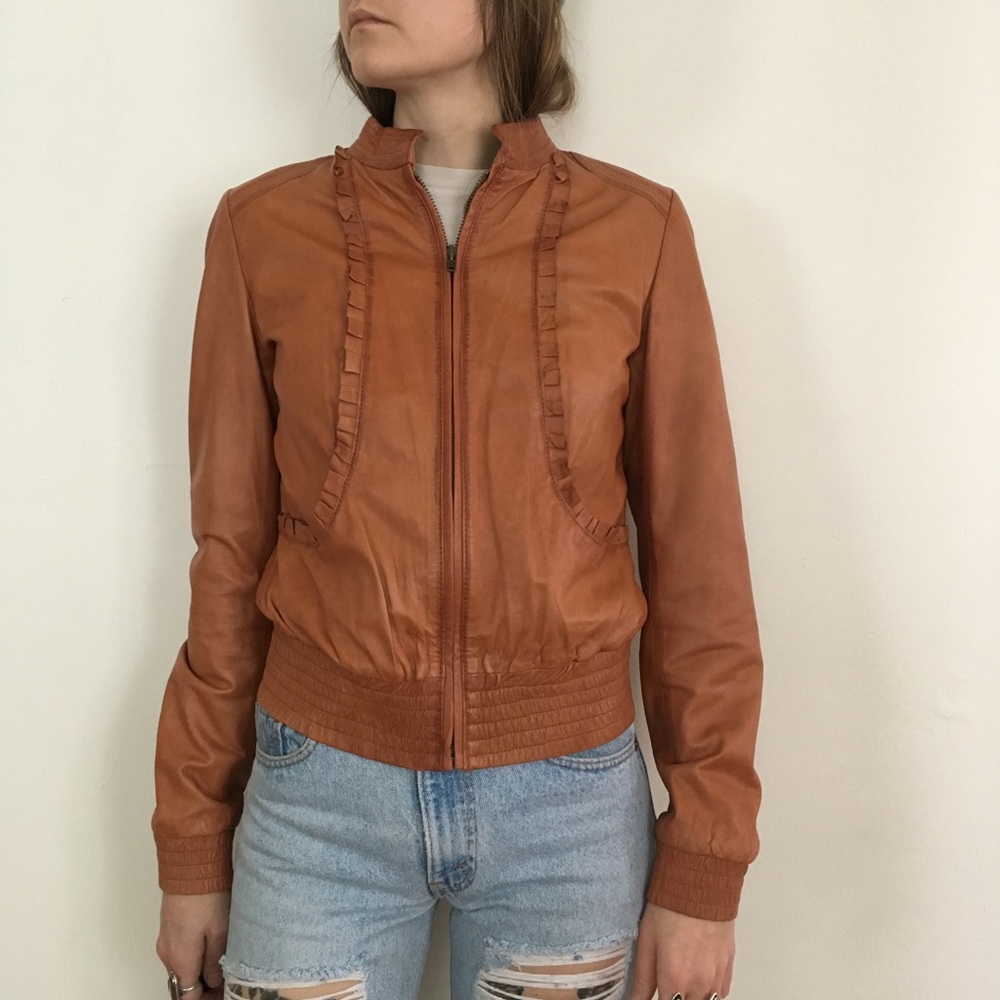 Hinge Cropped Leather Motorcycle Jacket Cognac Med