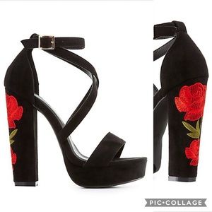 Rose Embroidered Suede Strappy Heels