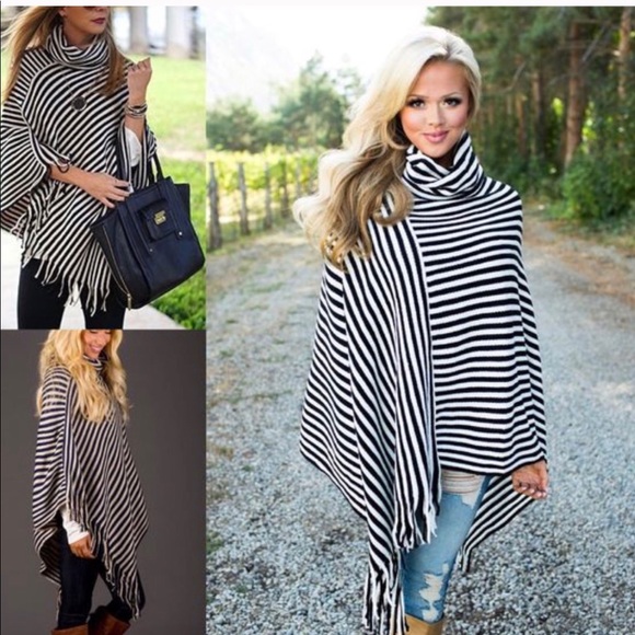 Sweaters - LAST ONE! Black and White Striped Poncho