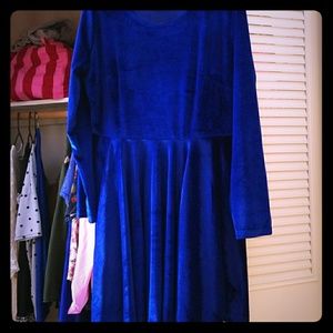 bright blue crushed velvet long sleeve swing dress