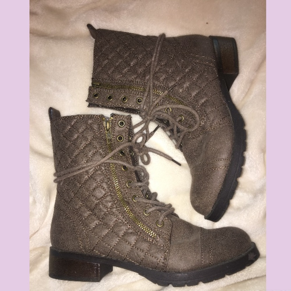 Brown combat mid calf boots with motto pattern