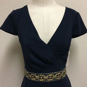 Badgley Mischka gown NWT navy gold beaded train